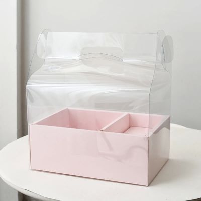 DIY 투명한 꽃 케이크 박스 PVC 결혼식 크리스마스 생일 선물 포장지 손잡이